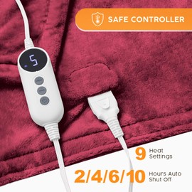 HYLEORY Heated Electric Blanket Throw, 2-Layer Cozy Warm Flannel 62" x 84", Heating Blanket with 9 Heating Levels, 2/4/6/10 Hours Auto Off, Fast Heating Winter Blanket, Red