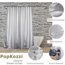 Popkozzi Silver Shower Curtains for Bathroom: 78 Inch Glitter Sparkle Bling Light Grey Fabric Shower Curtain - Waterproof Washable Luxury Elegant Fancy Glam Metallic Shimmer Bath Curtain - 72x78