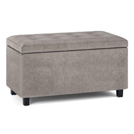 SIMPLIHOME Cosmopolitan 34 inch Wide Rectangle Lift Top Storage Ottoman in Upholstered Distressed Grey Taupe Tufted Faux Leather for the Living Room, Bedroom and Kids Room
