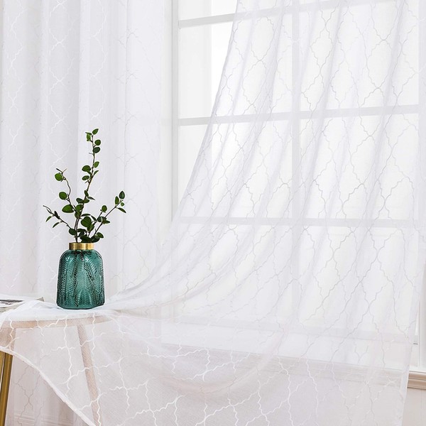 MIULEE 14 Sheer Voile Floral Embroidery Curtains with Eyelets, Transparent