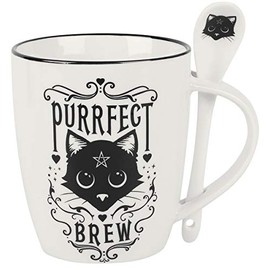 Alchemy Gothic Cup and Spoon Set Purrfect Brew White/Black