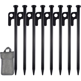 Tent Pegs for Camping, 8 Pieces 20 cm Tent Pegs Made of Steel, Black Tent Pegs, Ground Anchor, Camping Tent Pegs with Hook and Hole, Tent Pegs, Steel Pegs, Tent Pegs, Stable