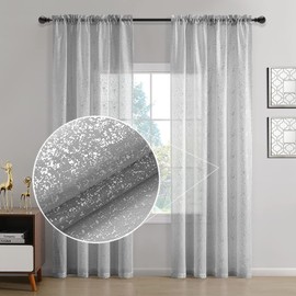 TERLYTEX Silver Curtains 72 Inch Length - Chic Silver Grey Window Curtains for Patio Door, Rod Pocket Metallic Silver Foil Gliltter Sheer Curtains for Bedroom, 52 x 72 Inch, 2 Panels, Silver Grey