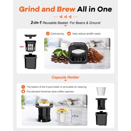 Horavie Single Serve Coffee Maker with Built-in Grinder, Fast Brew 6-16oz Single Cup for Whole Beans, Grounds, K Pod, Grind and Brew Coffee Maker with 47oz Water Tank, Descaling Alert, Black