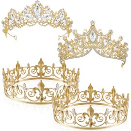 Henoyso 4 Pcs Prom King and Queen Crowns for Men Women King Queen Tiara Crystal Headband Homecoming Costume Party Favor(Gold, Delicate)