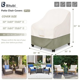Bitubi Waterproof Patio Chair Covers, Lounge Deep Seat Cover Fits Up to 35W x 38D x 31H inch, Heavy Duty Outdoor Lawn Patio Furniture Cover (2 Pack, Beige)