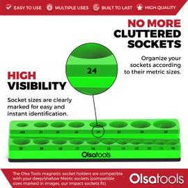 Olsa Tools Magnetic Socket Holder | 1/2-inch Drive | Metric | Green | Holds 19 Sockets | Professional Quality Tools Organizer