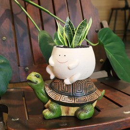 UMESONG Unique Face Planter Pots with Drainage Hole Cute Sitting Turtle Plants Pot for Indoor Outdoor Funny Head Planters for String of Pearls Plant Live Gift Ideas for Mother, Christmas