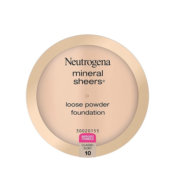 Neutrogena Mineral Sheers Lightweight Loose Powder Makeup Foundation with Vitamins A, C, & E, Sheer to Medium Buildable Coverage, Skin Tone Enhancer, Face Redness Reducer, Classic Ivory 10,.19 oz