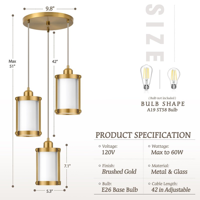 Osimir 3-Light Pendant Lighting, Brushed Gold Dining Room Chandelier Light