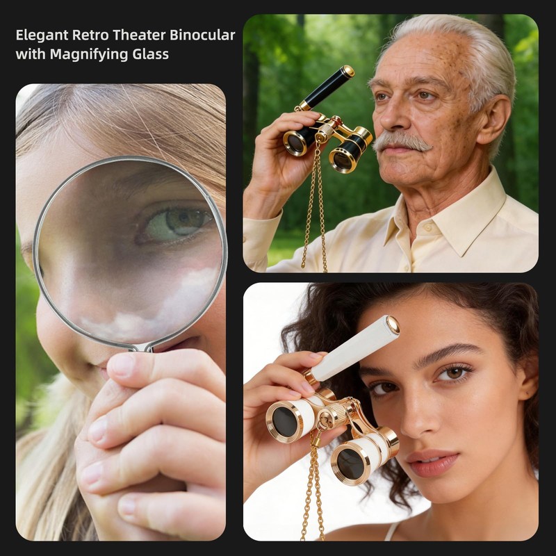 Luxury 3X25 Opera Glasses Binoculars with Adjustable Handle,Chain&Real Magnifying Glass,Optical