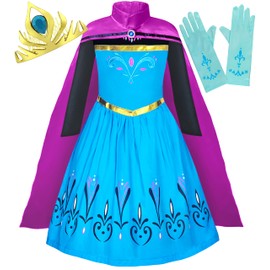 Cokos Box Girls Coronation Dress Costume Cape Gloves Tiara Crown Accessories Kids Set (Blue-Purple, 9 Years)