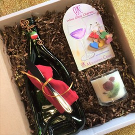Gift Box Set Cheese Plate Wine Charms and 6 Oz Scented Soy Candle Wine Lovers Arrangement