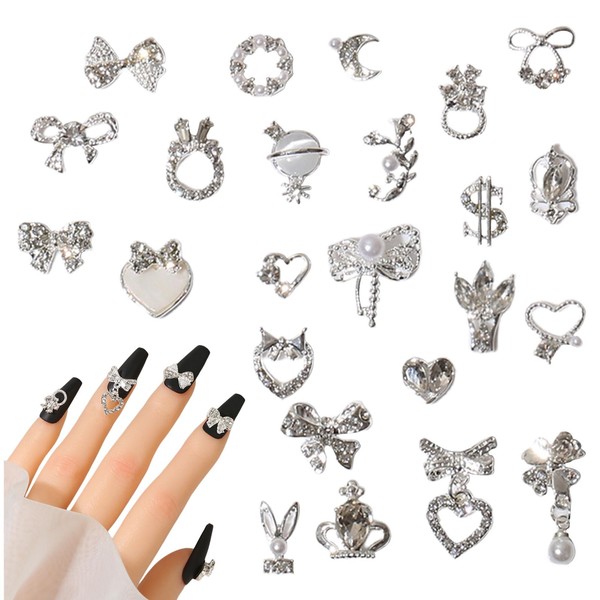 3D Nail Charms, 24 Pcs Shiny Nail Rhinestones Gems Heart Bow Dangle Nail Art Charms Silver Metal Nail Jewelry Luxury Nail Art Decoration for Nail Design DIY Crafts (Silver)