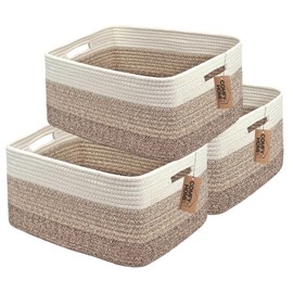 COMFY-HOMI 3 pcs Large Storage Baskets for Shelves, Laundry Basket, Woven Rope Basket, Closet Organizer Bins for Clothes Blanket Towels, Baby Nursery, Gift Toy Baskets, 17” x 13” x 7.5”-White/3 Brown