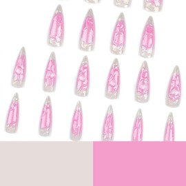 Press on Almond Nails Long Length Glossy Full Cover Almond Pointed False Nails with Designs Artificial Almond Shaped Fake Nails with Charms Glue Stick ons Fingernails for Women Girls(JP2954)