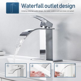 GENBONS Chrome Bathroom Faucet Waterfall Single Handle Bathroom Sink Faucet with Metal Pop-up Drain, Bathroom Faucet One Hole or 3 Hole with Deck Plate