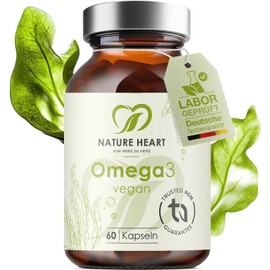 Nature Heart Omega 3 Capsules - Pack of 60 Vegan Algae Oil - DHA & EPA in 2:1 Ratio - High Dose, 100% Vegan & Fish Free - for Heart, Brain & Vision - Low in Harmful Substances, No Unnecessary Additives