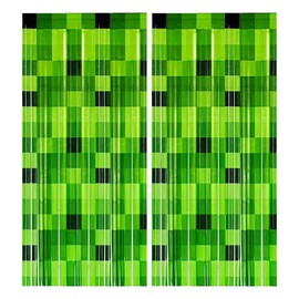 RenSton 2 PCS Green Foil Curtain, Green Pixel Miner Theme Curtains, Door Tinsel Curtain, 3.2x6.6ft Pixel Game Inspired, Photo Booth Props Backdrop Birthday Decorations Supplies