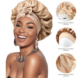 MOGONE 2 Piezas Gorro de Satin para Dormir, Ajustable Gorra de Seda para Dormir, Gorro de Satin para Dormir Cabello Rizado, Oro y Café