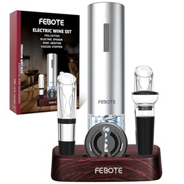 FEBOTE Electric Wine Opener Set, Rechargable Automatic Wine Bottle Corkscrew Opener with Wood Stand - 2 Vacuum Wine Stoppers Wine Aerator Foil Cutter for Home Bar Party Valentine's Day Christmas Gift