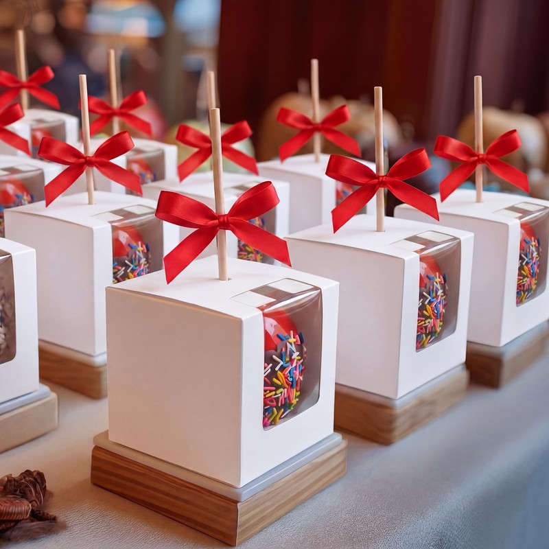 100 Pcs 4"x4"x4" Caramel Apple Boxes with Window, Base, Sticks