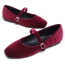 Hee grand Velvet Flats for Women Retro Square Toe Mary Jane Shoes Comfortable Buckle Strap Ballet Flats,Red 9