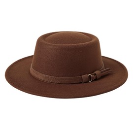 Lanzom Women Vintage Wide Brim Warm Wool Fedora Hat Belt Panama Hat Felt Jazz Hat (B-Coffee, Medium)