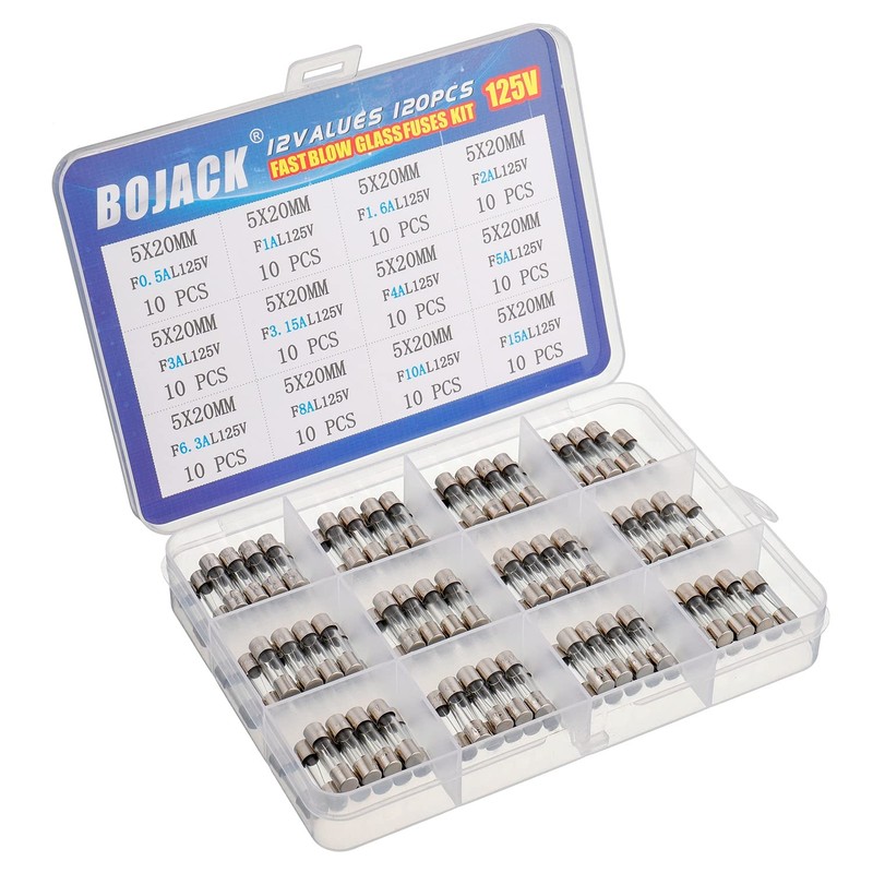 BOJACK 12 Values 120 pcs Fast Blow Glass Fuses Assortment