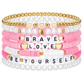 Landical 7 Pcs Friendship Bracelets Preppy Heishi Surfer Bracelets Clay Beaded Bracelets (Macaron Pink)