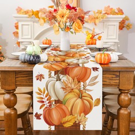 Bonhause Fall Pumpkin Leaves Table Runner 13x72 Inch Orange Buffalo Plaid Autumn Thanksgiving Harvest Kitchen Dinning Table Decoration for Indoor Outdoor Home Party Decor