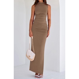 BTFBM BTFBM Womens Two Piece Outfits Summer Lightweight 2025 Mock Neck Sleeveless Knit Tops Maxi Skirt Set Going Out Dress(Khaki, Medium)