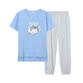 HACAI Women's Pajamas, 100% Cotton, Loungewear, Short Sleeve, Summer, Top and Bottom Set, Sweat Absorbent, Quick Drying, Skin-friendly, Long Pants, blue