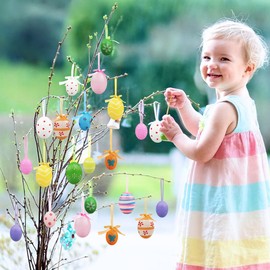 Pack of 36 Painted Plastic Eggs, 2 Sizes for Hanging Easter Egg Decorations with Different Style Dots, Stripes, Flowers for Tree, School, Home, Office, Party Accessories, Easter Day Decoration