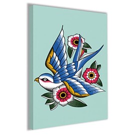 Hippowarehouse Blue Swallow Bird Flowers Oldschool Retro Tattoo Style Vintage Printed Canvas 41cmx61cm Wall Art Design Classroom Gym Room Home Office DÃƒ©cor