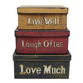 CVHOMEDECO. Primitive Vintage Rectangular “Live Well, Laugh Often, Love Much” Cardboard Nesting Boxes, Large 12 X 9 X 5-1/2 Inch. Set of 3.