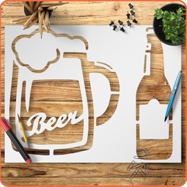 Beer Bottle and Mug Stencil 8.5x11 Inch Reusable Template for DIY Crafts Painting Walls Wood Glass Scrapbooking and Bar Décor