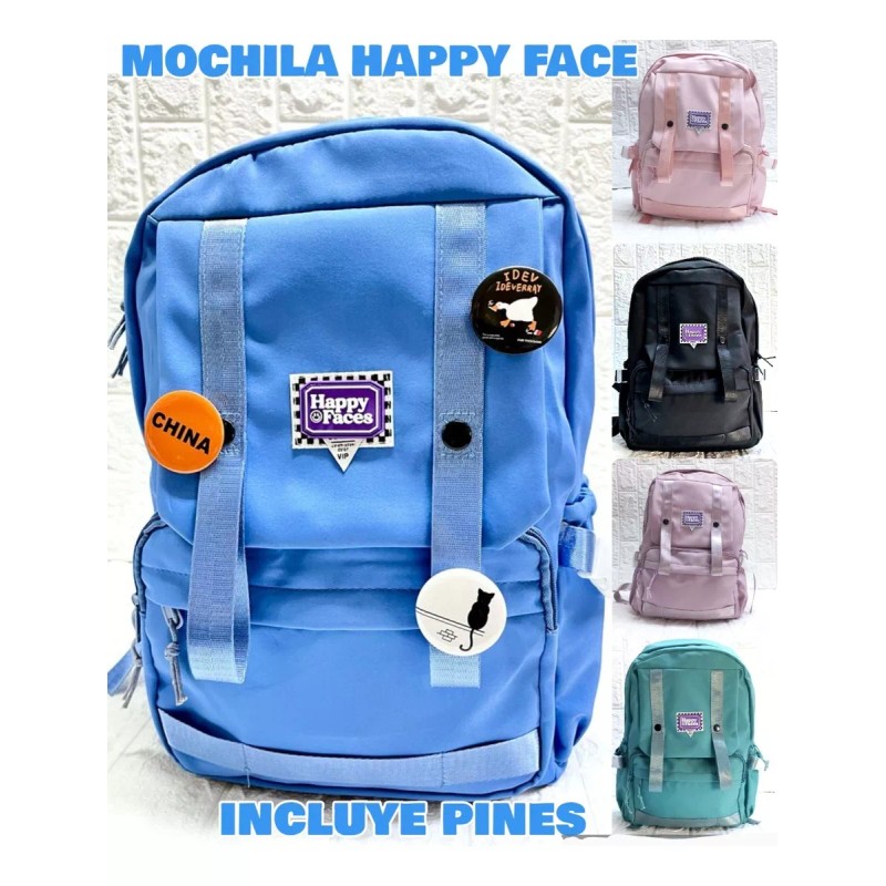 K&H Mochila Escolar Casual Happy Pines Botones Color Liso Negro