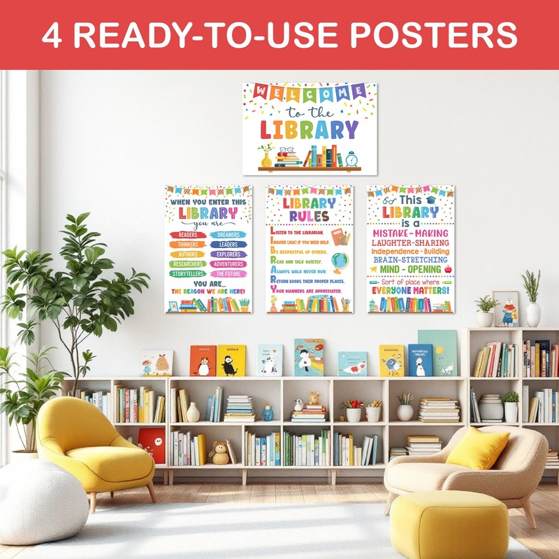 Lalunia 4 Pcs Library Rules Poster (11"x16") - Classroom Library
