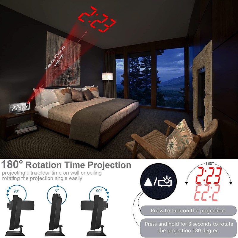 Projection Alarm Clock USB Powered Mirror Display Design High Brightness
