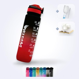 Velesas® 1 Litre Water Bottle with Motivational Time Marking, Tritan Drinking Bottle with Straw, Sports Bottle for School, Job, Gym, Office, Bike, Hiking, BPA-Free, Red/Black