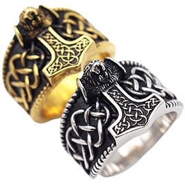 Wolf Ring for Men, Viking Celtic Knot Hammer Ring, Norse Viking Wolf Head Ring, Celtic Wolf Signet Amulet Ring, Howling Wolf Totem Tribal Ring, Punk Animal Wolf Jewelry Gift (Gold, T1/2)