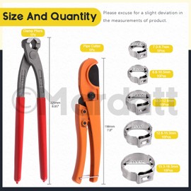 Mardatt 47Pcs Single Ear Stepless Hose Clamps with Ear Clamp Pincer Pliers Crimper Tool & PEX Pipe Cutter, 7mm to 18.5mm 304 Stainless Steel Hose Assortment Kit for Automotive Plumbing Use