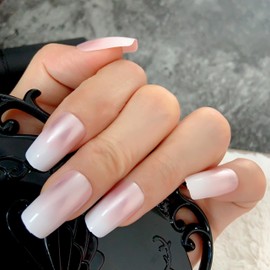 LINSSQ Glossy Press on Nails, Ombre Gradient Pearl Pink French False Nail, UV Gel Full Cover Artificial Fake Nails, Reusable Stick Glue on Finger Nails Kit for Women & Girls