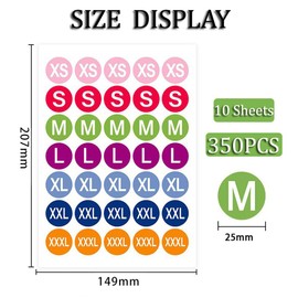 10Sheets/350Pcs 1Inch Colorful Clothing Size Stickers Round Self-Adhesive Clothes Coded Labels for Retailing T-Shirts Trousers Skirt Shoes(XS S M L XL XXL XXXL)