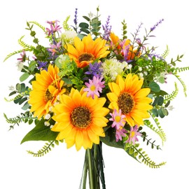 HUAESIN Artificial Flowers Faux Sunflower Bouquets Spring Fake Wildflowers Summer Silk Sunflowers Floral Arrangements for Home Kitchen Office Table Centerpieces Wedding Party Cemetery Flowers