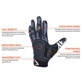 Pure Athlete Football Receiver Gloves – Elite-Stick Silicone Gripping Technology – Adult Sizes (Black, X-Large)