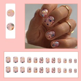 24Pcs Flower Press on Nails Extra Short Square Fake Nails with White Pink Blue Small Floral Design Nude Spring Acrylic Nails Glossy Full Cover Stick on Nails for Women Girls Manicure Supplies