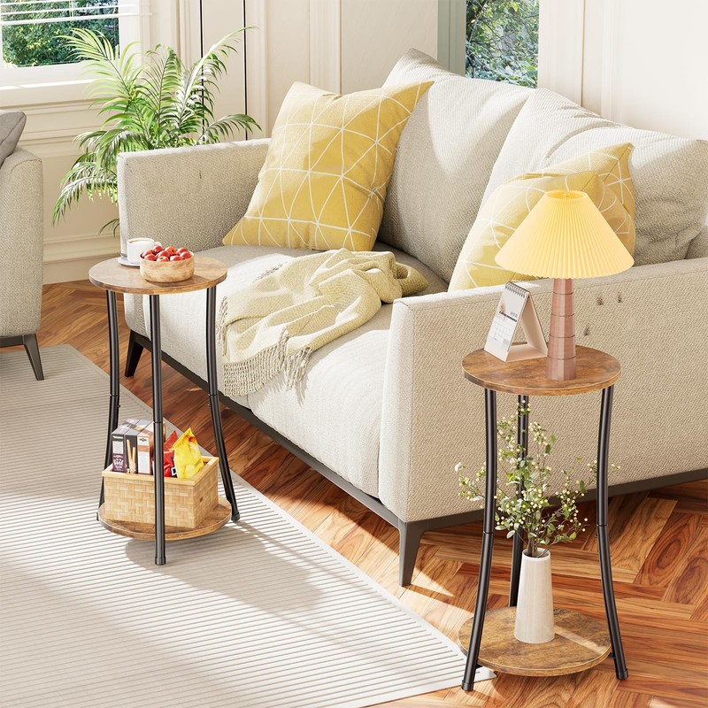 Simple Trending Round Side Table, 2 Tiers End Table for