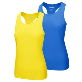 MAGCOMSEN Womens Athletic Tank Tops Racer Back Workout Tanks Dry Fit Sweat Wicking Exercise Top Sleeveless SPF UV Yellow+Azure L